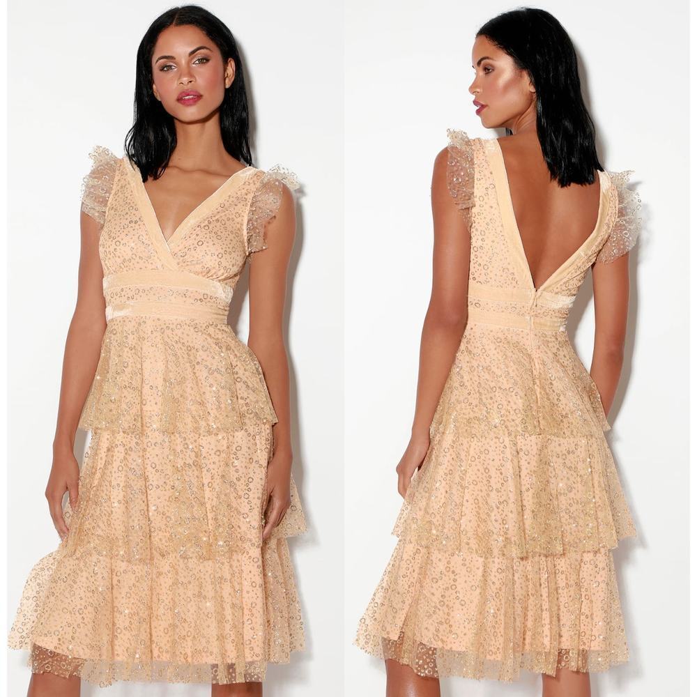 Lulus Stunning Love Nude and Gold Glitter Tiered Midi Dress New size small
